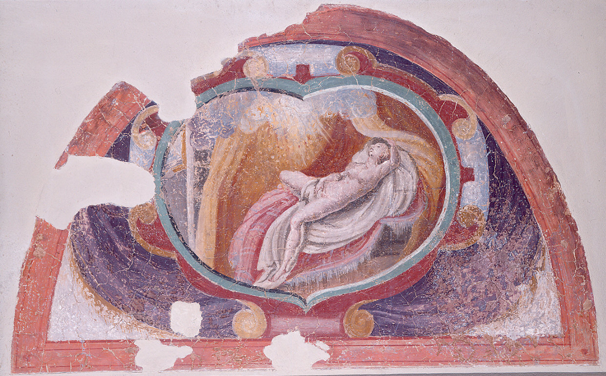 Figure mitologiche entro cartouches (lunetta, elemento d'insieme) di Baglione Cesare (cerchia) (ultimo quarto sec. XVI)