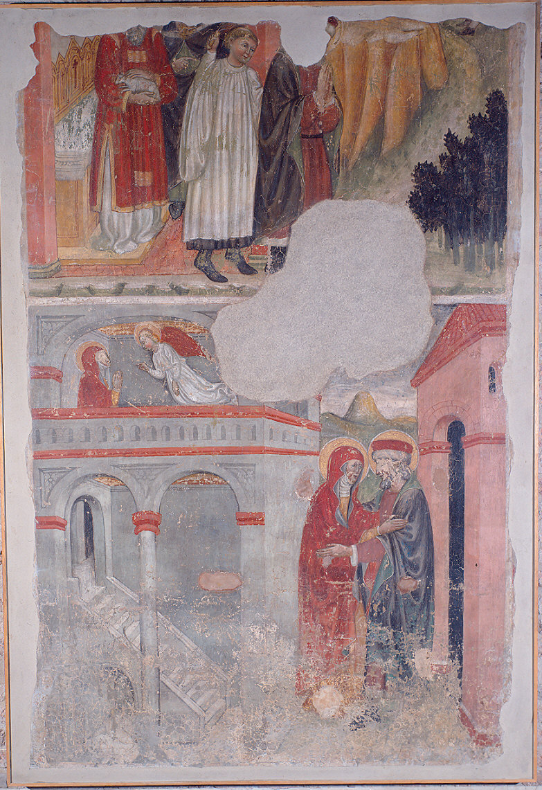 Cacciata di Gioacchino dal Tempio; Annunzio ad Anna; Incontro alla Porta Aurea (dipinto, elemento d'insieme) di Loschi Jacopo (terzo quarto sec. XV)
