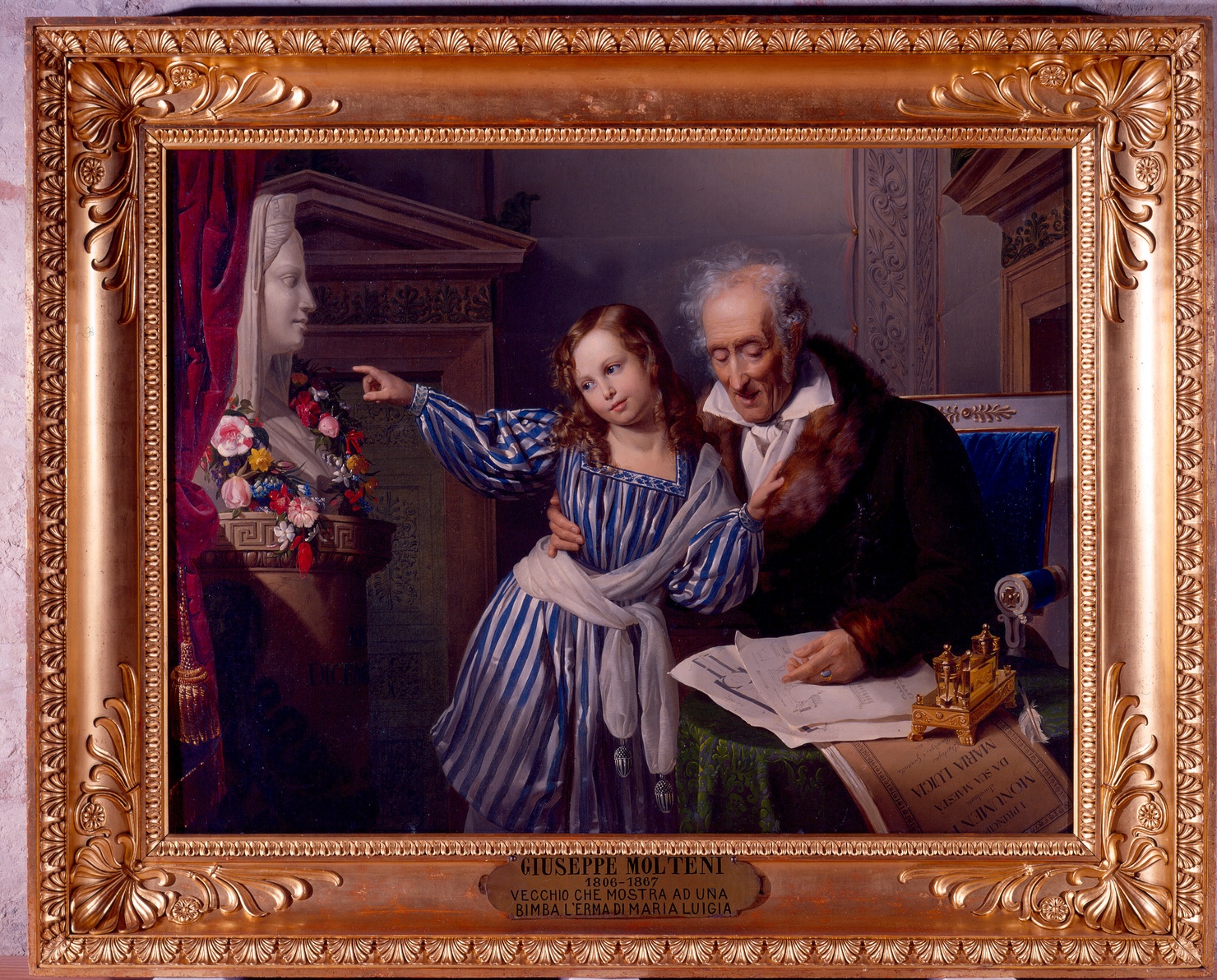 Fanciulla che addita a un vecchio l'erma di Maria Luigia (dipinto) di Molteni Giuseppe (sec. XIX)