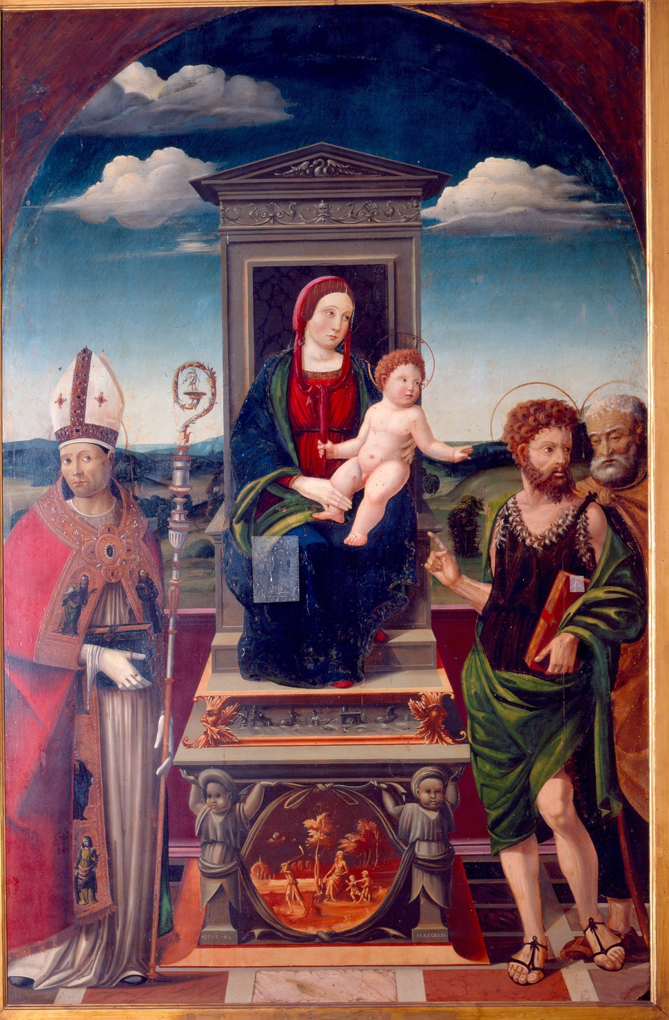 Madonna col Bambino in trono fra i santi Uldarico, Giovanni Battista e Giuseppe (dipinto) di Mazzola Michele, Mazzola Pier Ilario (sec. XVI)