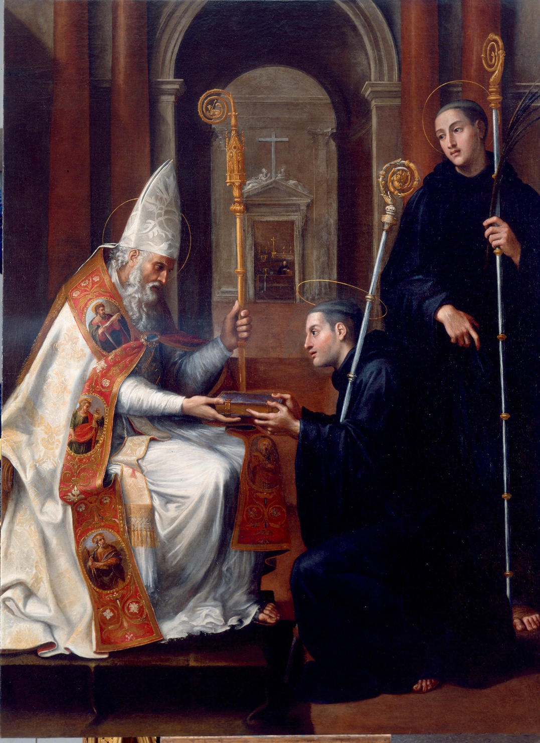 San Benedetto consegna la Regola ai santi Mauro e Placido (dipinto) di Bernabei Alessandro (inizio sec. XVII)