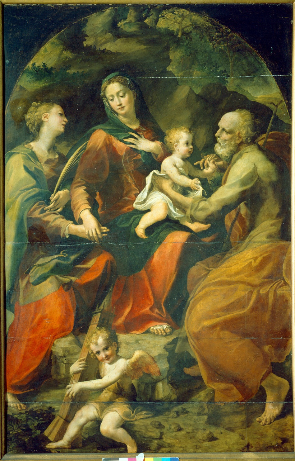 Sacra Famiglia con Santa Barbara e un angelo (dipinto) di Anselmi Michelangelo detto Michelangelo da Lucca (sec. XVI)