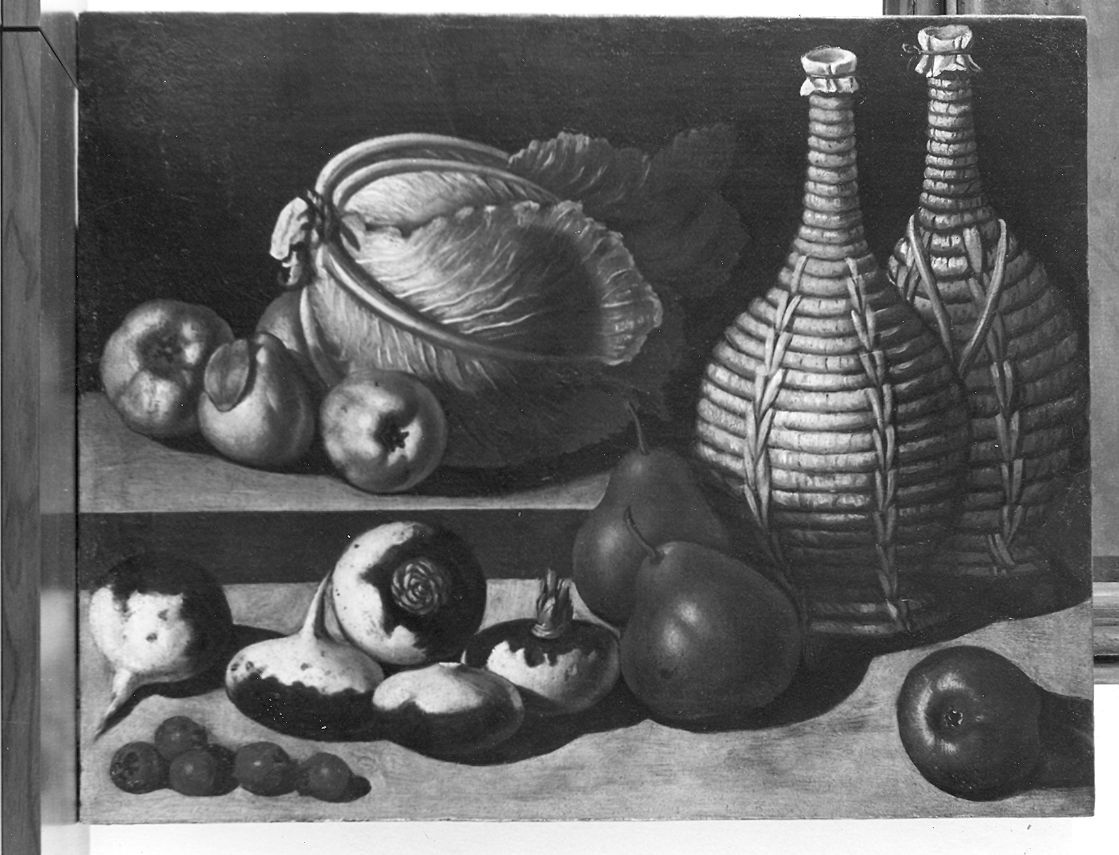 natura morta con frutta e fiaschi (dipinto) di Boselli Felice (attribuito) (sec. XVII)