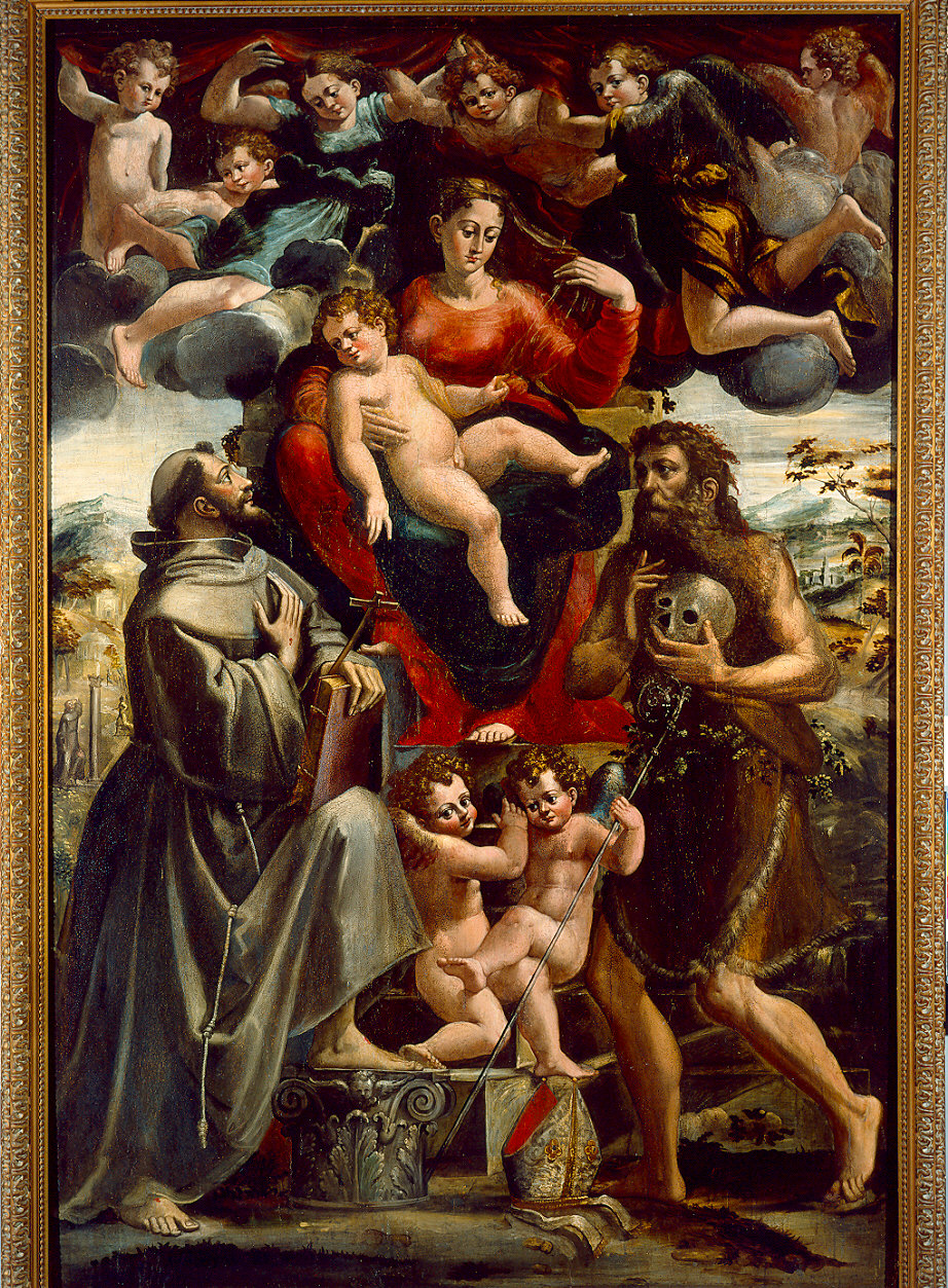 Madonna in trono col Bambino, i santi Francesco, Macario e angeli (dipinto) di Spiciotti Giacomo Antonio detto Spirito Gentile (sec. XVI)