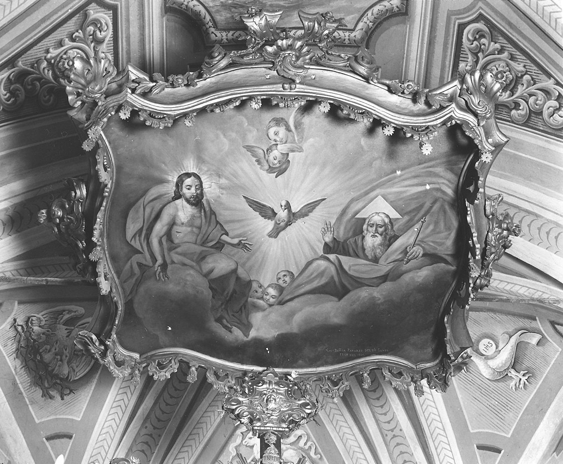 Cristo con Dio Padre e colomba dello Spirito Santo (cielo del baldacchino d'altare, elemento d'insieme) di Panario Giambattista (sec. XIX)