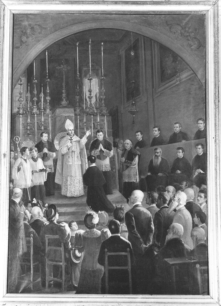 Giovanni Battista Scalabrini consegna il Crocifisso ai primi missionari di San Carlo (dipinto) di Sidoli Pacifico (sec. XIX)