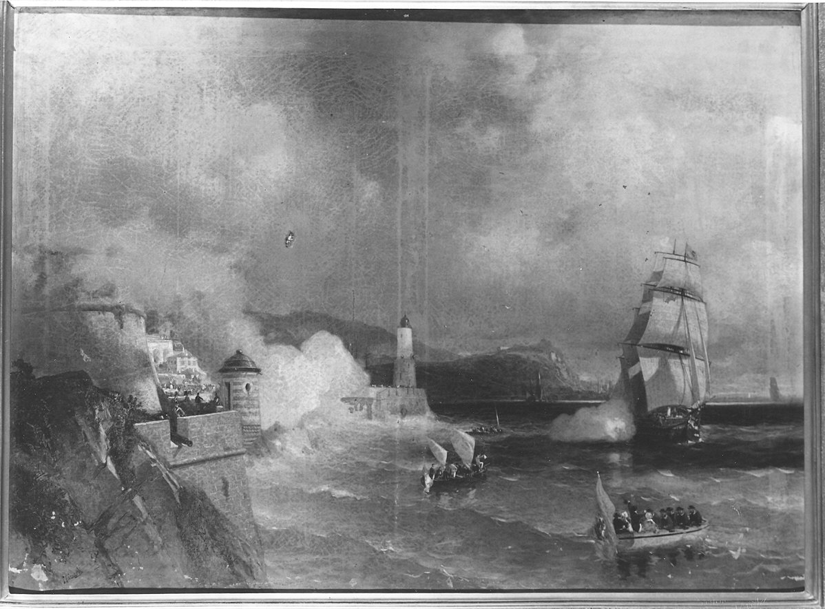 marina con una nave allo scalo (dipinto) di Riccardi Luigi (sec. XIX)