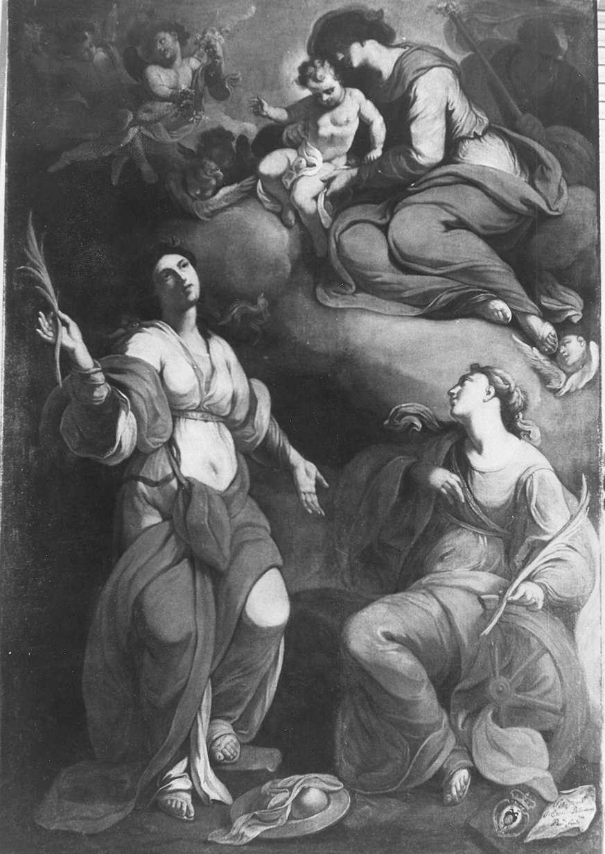 Madonna con Bambino sulle nuvole, Sant'Agata e Santa Caterina d'Alessandria (dipinto) - ambito piacentino (prima metà sec. XVIII)