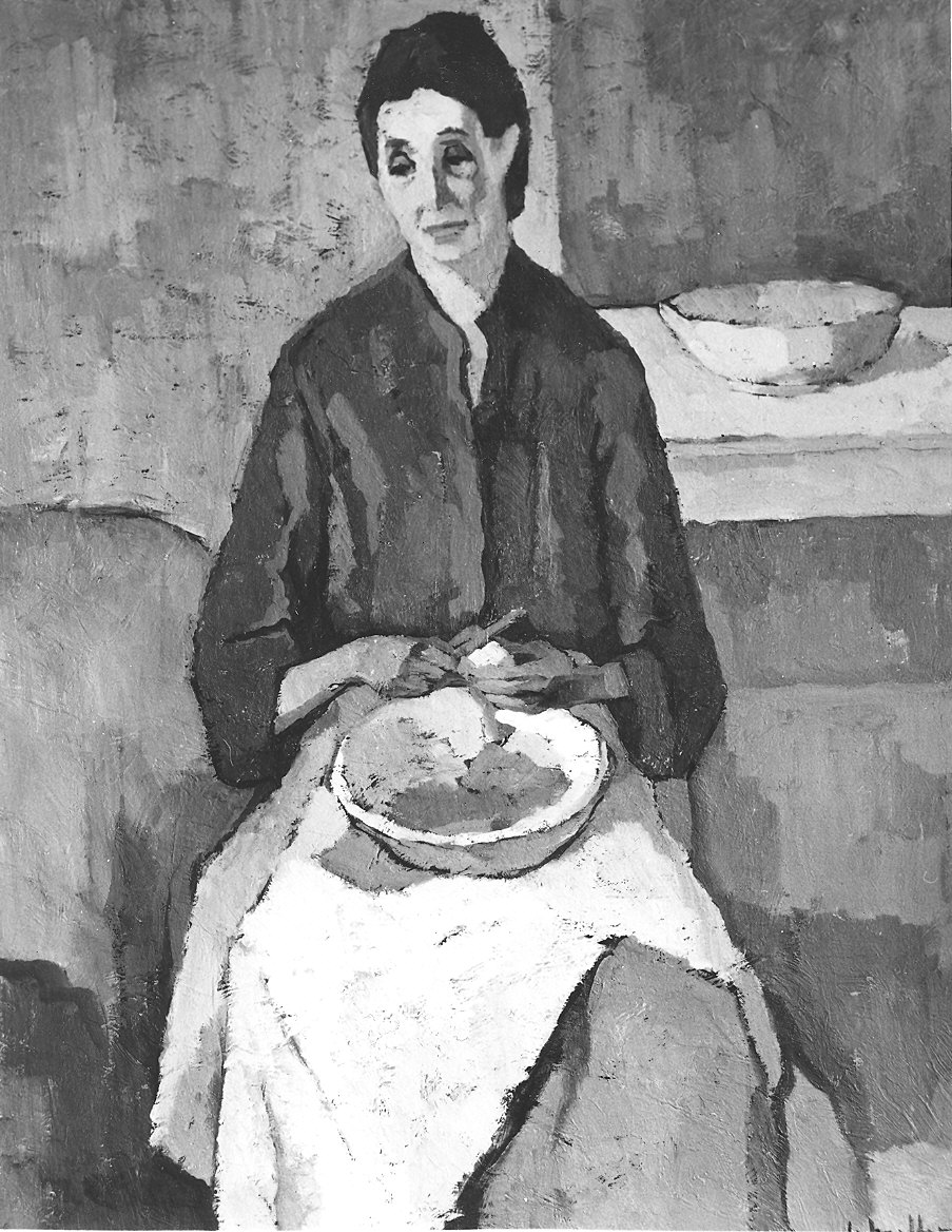 donna che sbuccia le patate (dipinto) di Malfanti Giacomo (sec. XX)
