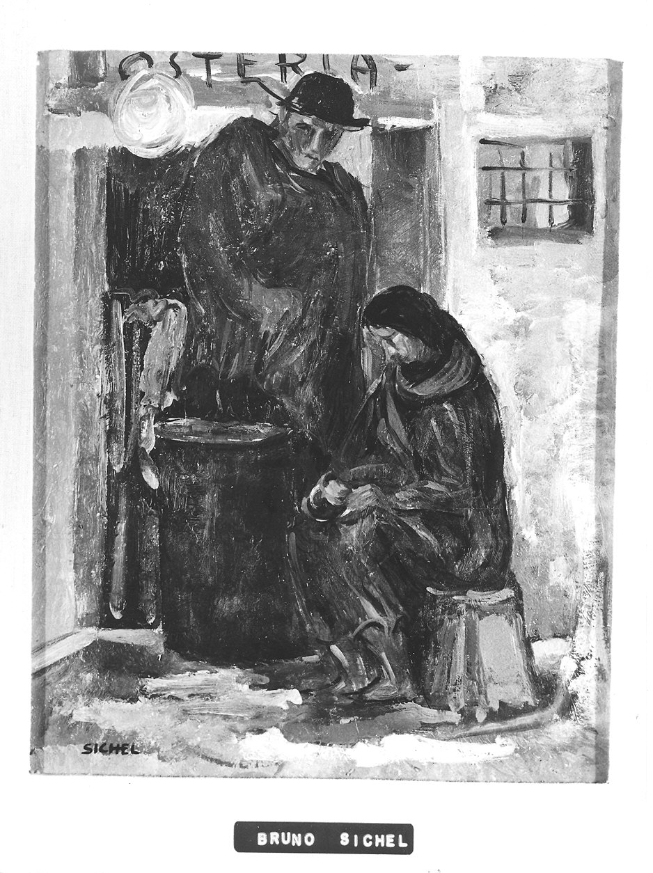 esterno di osteria con due figure (dipinto) di Sichel Bruno (sec. XX)