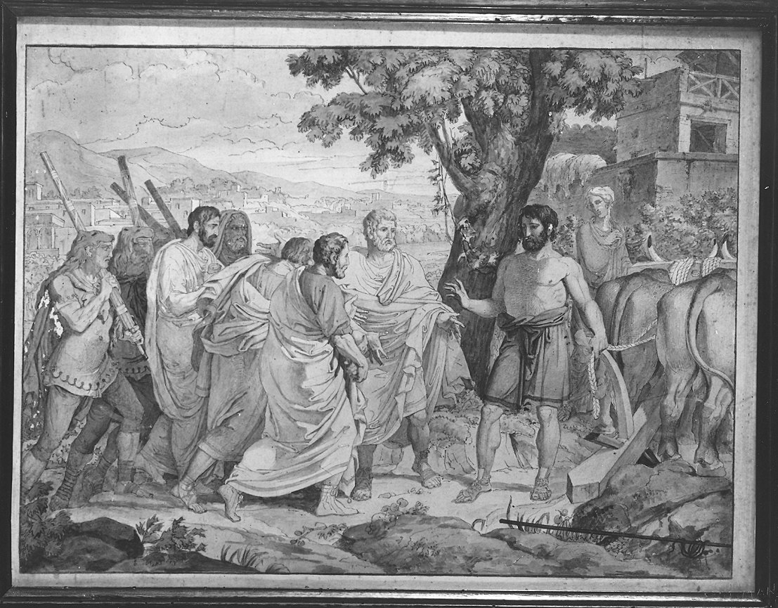 Cincinnato lascia l'aratro per divenire dittatore di Roma (dipinto) di Viganoni Carlo Maria (sec. XIX)