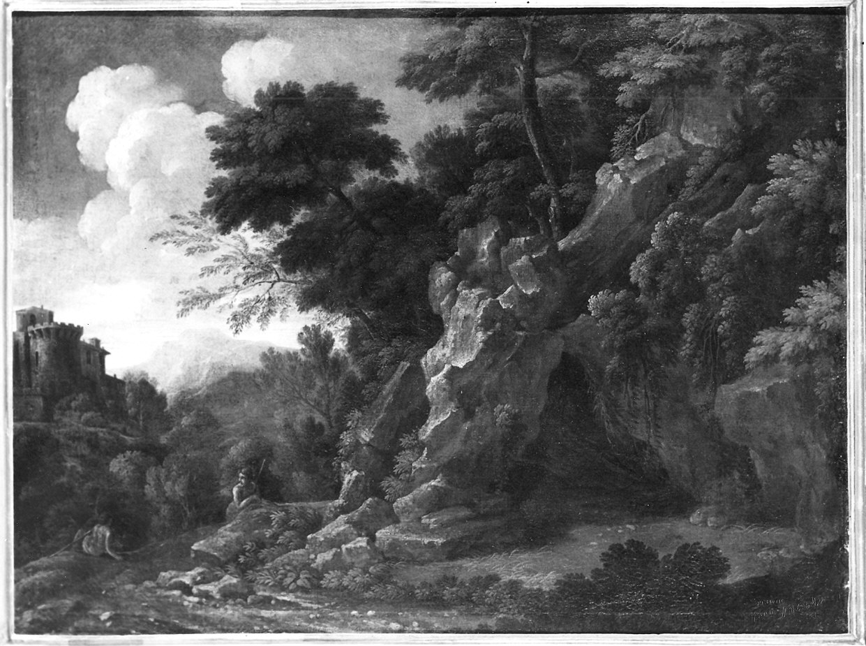 paesaggio con castello e figure (dipinto, elemento d'insieme) di Dughet Gaspard detto Pussino (attribuito) (sec. XVII)