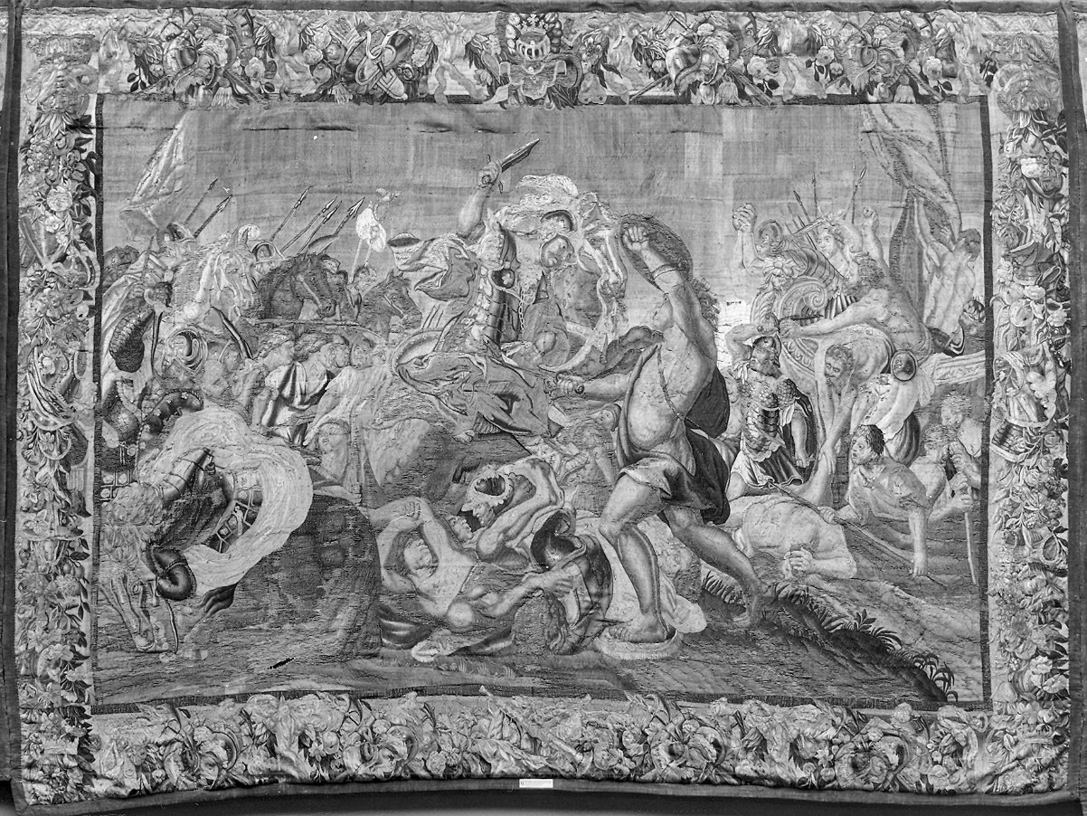 Alessandro Magno nel furore della battaglia (arazzo, elemento d'insieme) di Jordaens Jacob, Leyniers Jan (seconda metà sec. XVII)
