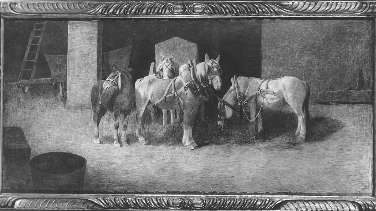 cavalli a riposo (dipinto) di Soressi Alfredo (sec. XX)