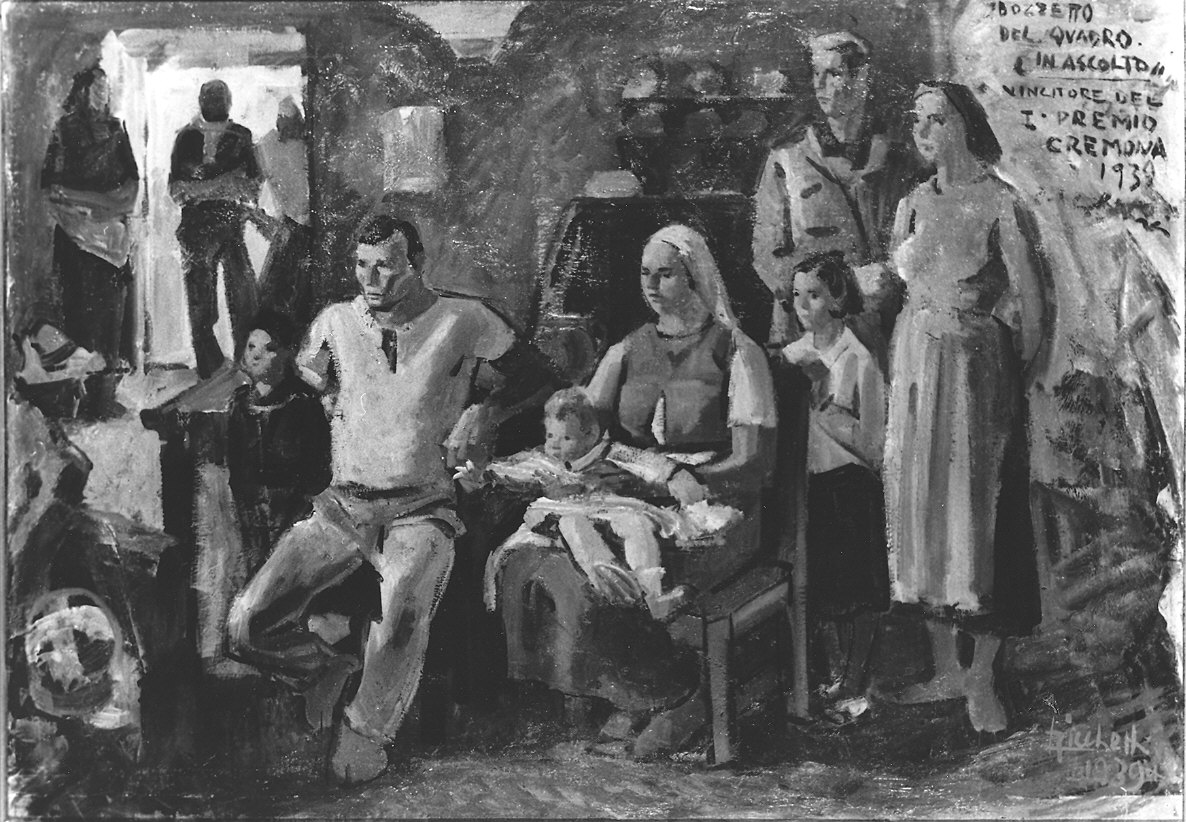 in ascolto, famiglia in un interno (dipinto) di Ricchetti Luciano (sec. XX)