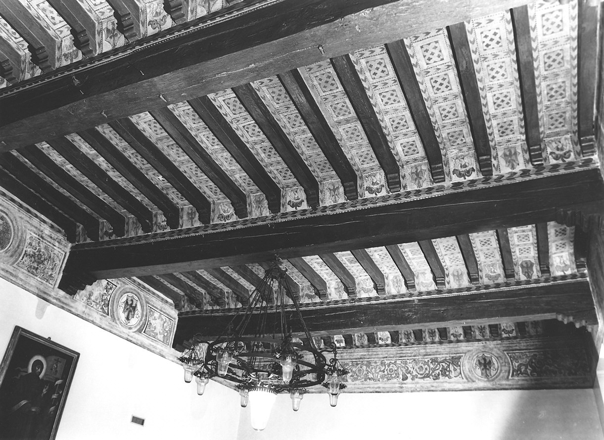 motivi decorativi geometrici e vegetali con figure e stemmi (decorazione pittorica) - ambito emiliano-lombardo (fine sec. XV)