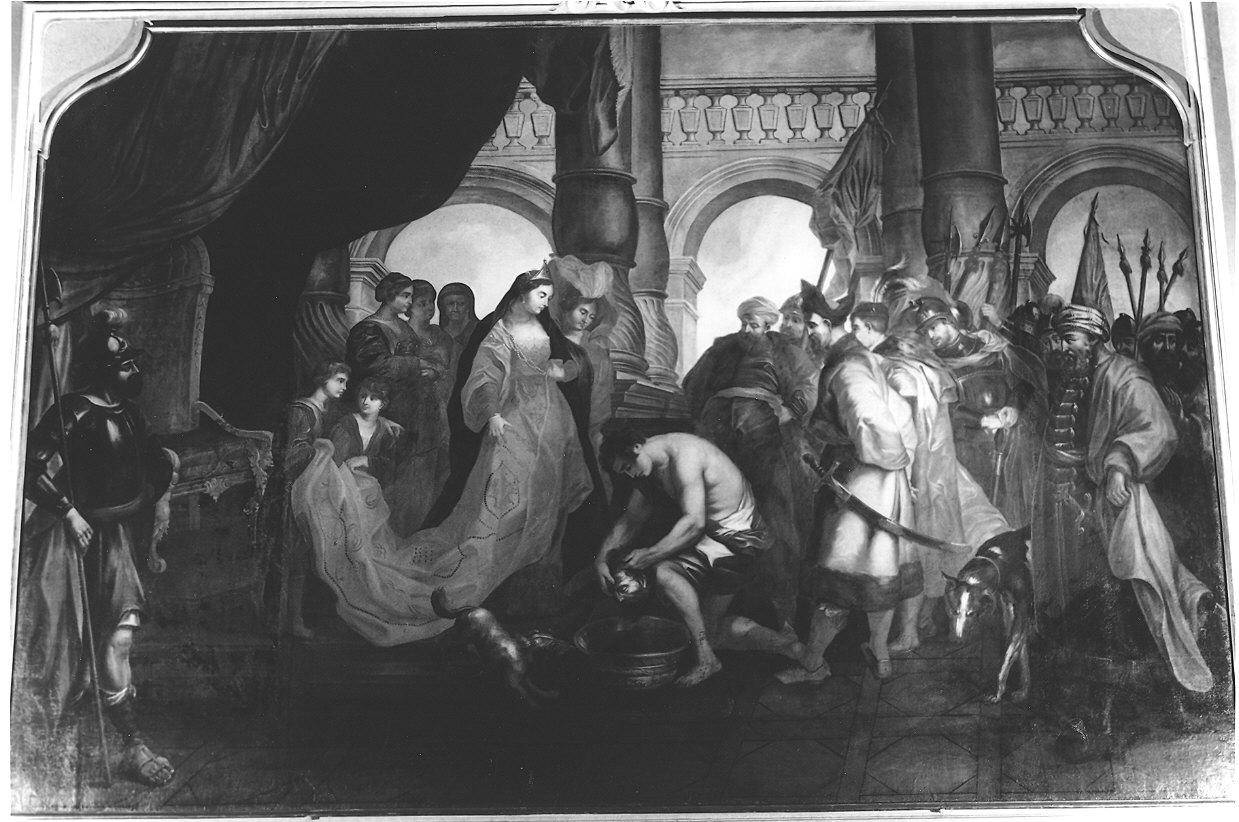Tamira, regina degli Sciti, fa decapitare Ciro (dipinto, elemento d'insieme) di Rubini Giovanni (e aiuti), Manzoni Giuseppe (sec. XVIII, sec. XVIII)