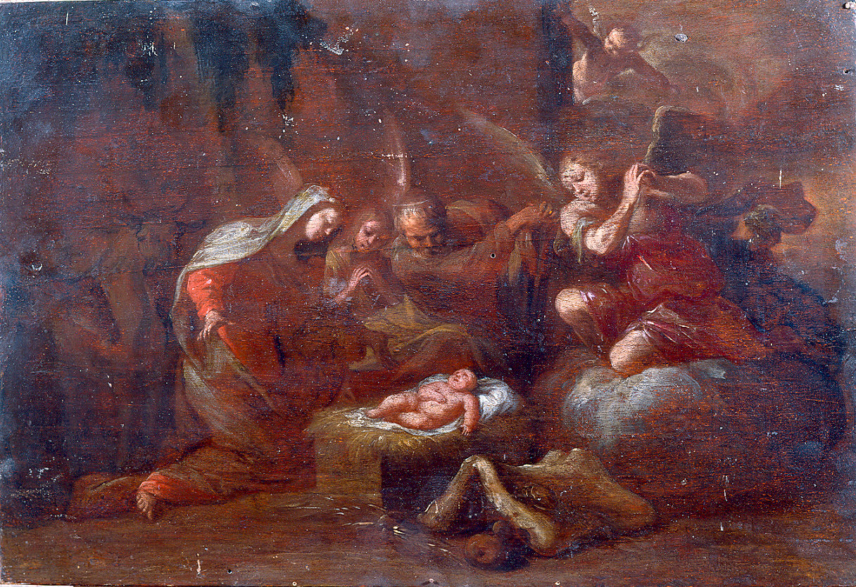 Vergine, San Giuseppe e angeli adoranti (dipinto) - ambito ferrarese (inizio sec. XVII)