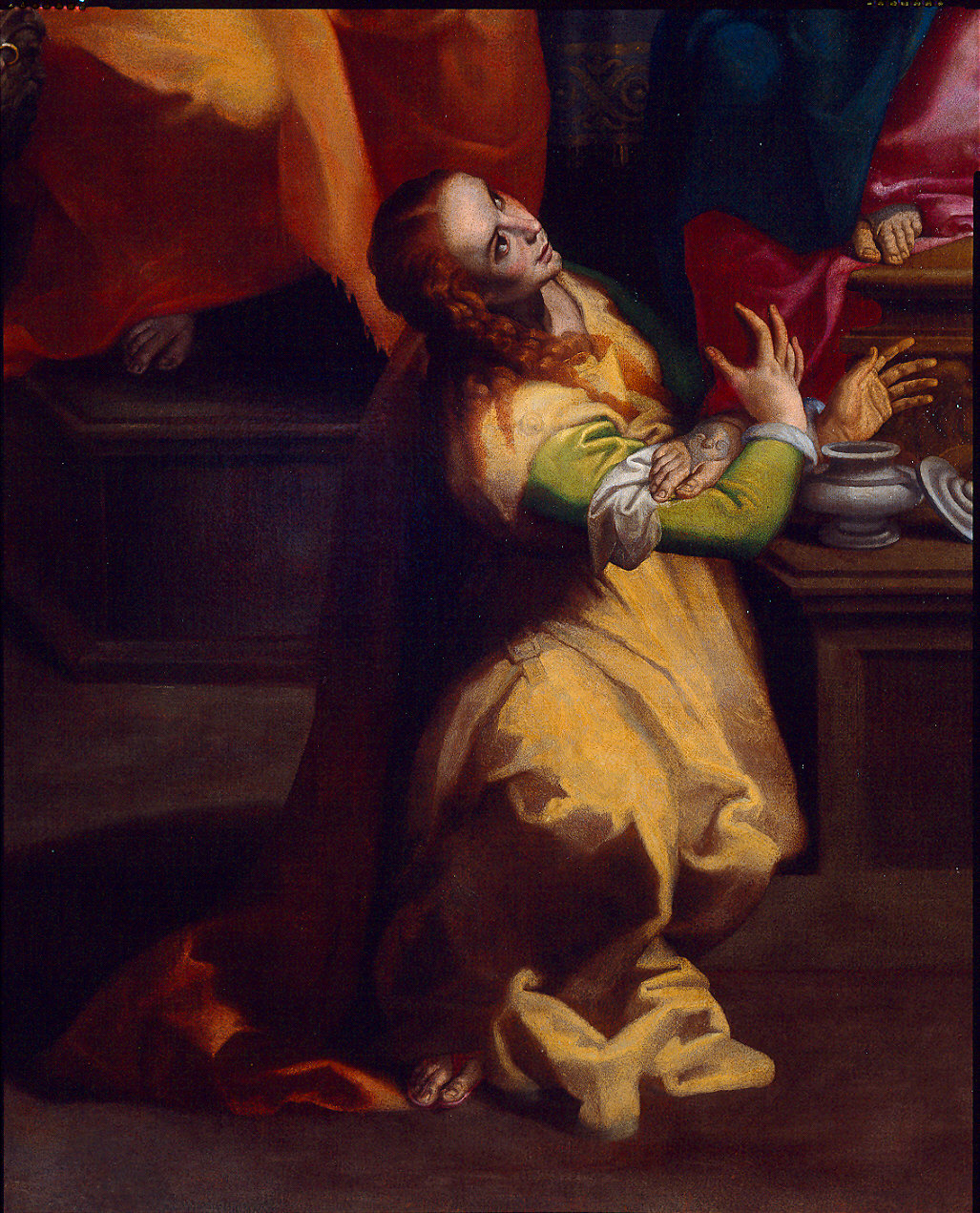 Maria Maddalena ai piedi di Gesù in casa del Fariseo (dipinto) di Tinti Giovan Battista (fine sec. XVI)