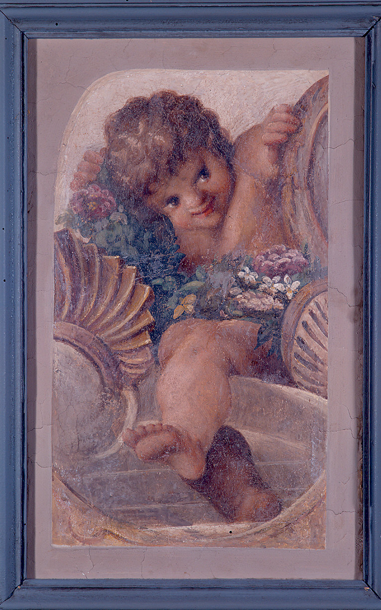 putto con festone di fiori e conchiglia (dipinto) di Orsi Lelio (attribuito) (seconda metà sec. XVI)