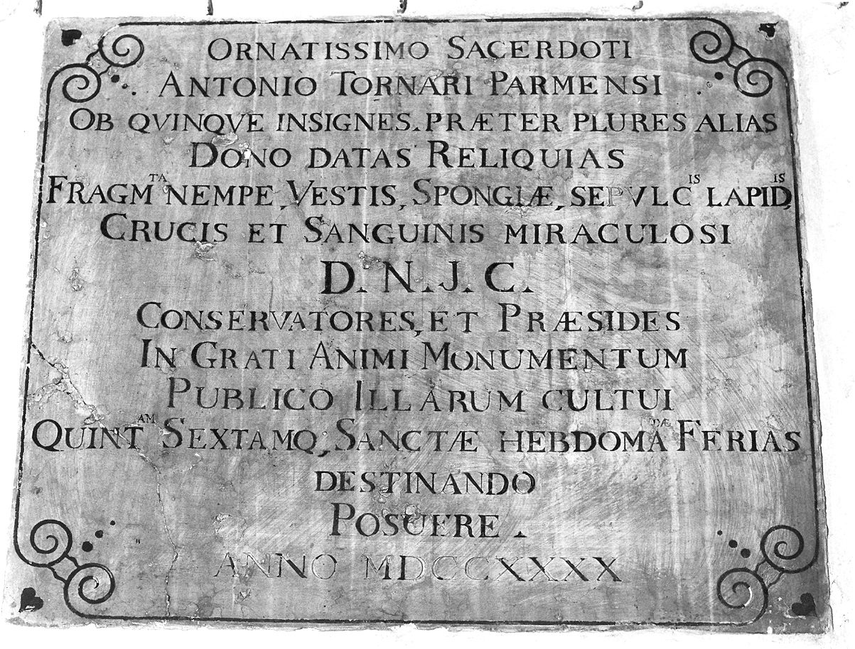 lapide commemorativa - bottega emiliana (secondo quarto sec. XVIII)