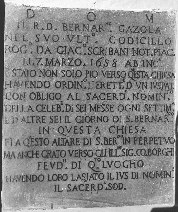 lapide commemorativa - bottega piacentina (metà sec. XVII)