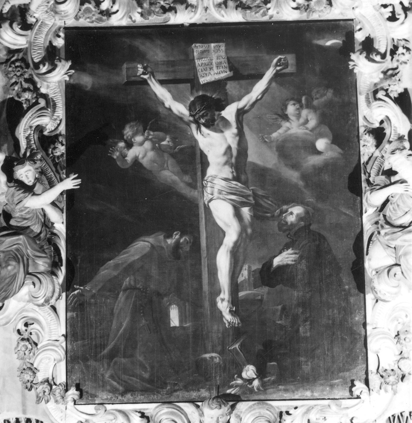 crocifissione di Cristo con i Santi Francesco d'Assisi e Ignazio di Loyola (dipinto) di Traversi Gaspare (attribuito) (seconda metà sec. XVIII)