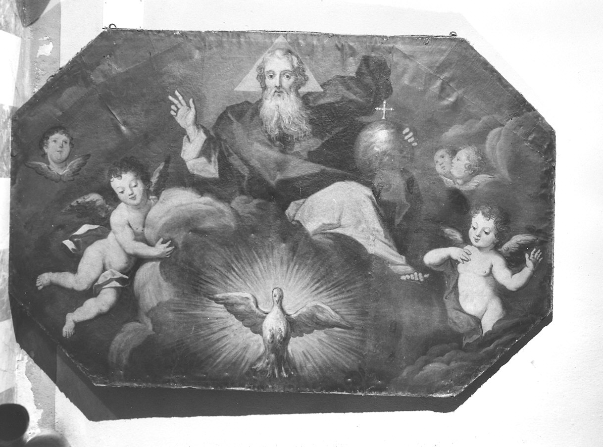 Dio Padre tra angeli e colomba dello Spirito Santo (dipinto) - ambito emiliano (fine/inizio secc. XVII/ XVIII)