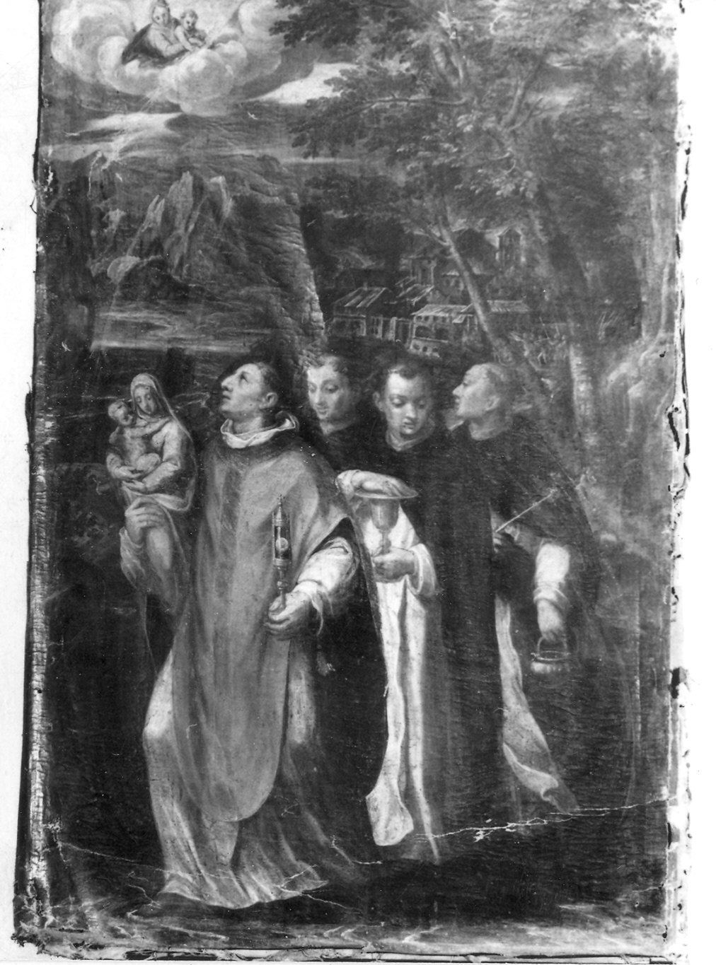 San Giacinto porta l'eucarestia ed una statua della Vergine attraverso un bosco (dipinto) di Della Rovere Giovan Mauro detto Fiammenghino (fine sec. XVI)