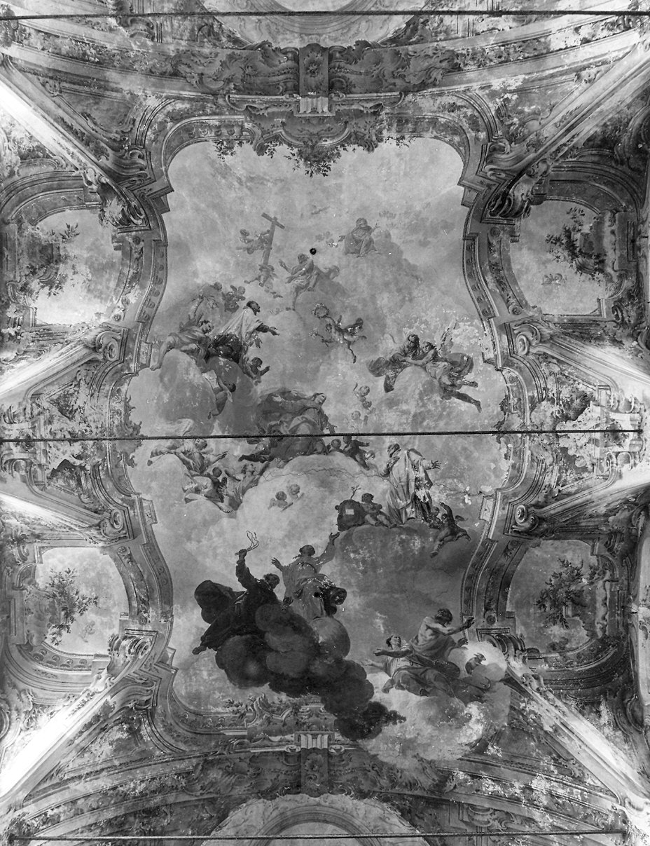 Madonna in gloria con santi gesuiti (decorazione pittorica, complesso decorativo) di Ferrari Federico (sec. XVIII)