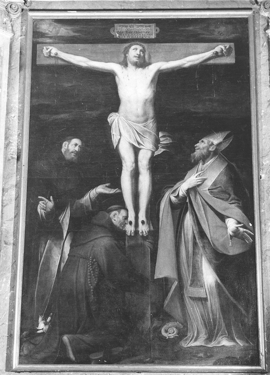 crocifissione di Cristo con San Domenico, San Francesco e Sant'Agostino (dipinto) di Procaccini Camillo (inizio sec. XVII)