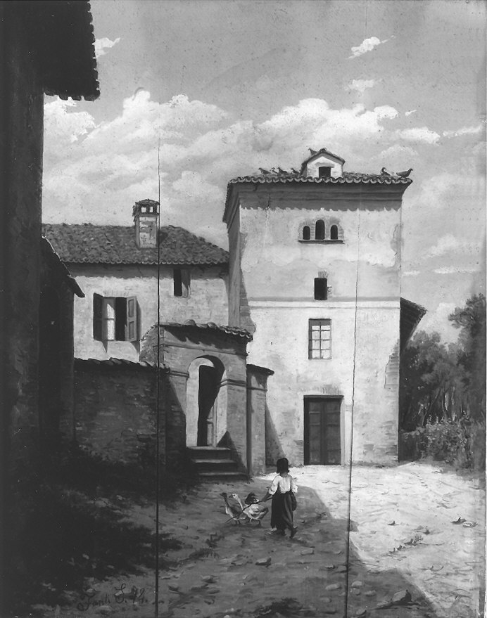 rustico con colombaia (dipinto) di Fanti Enrico detto Fanti Settimio (sec. XIX)