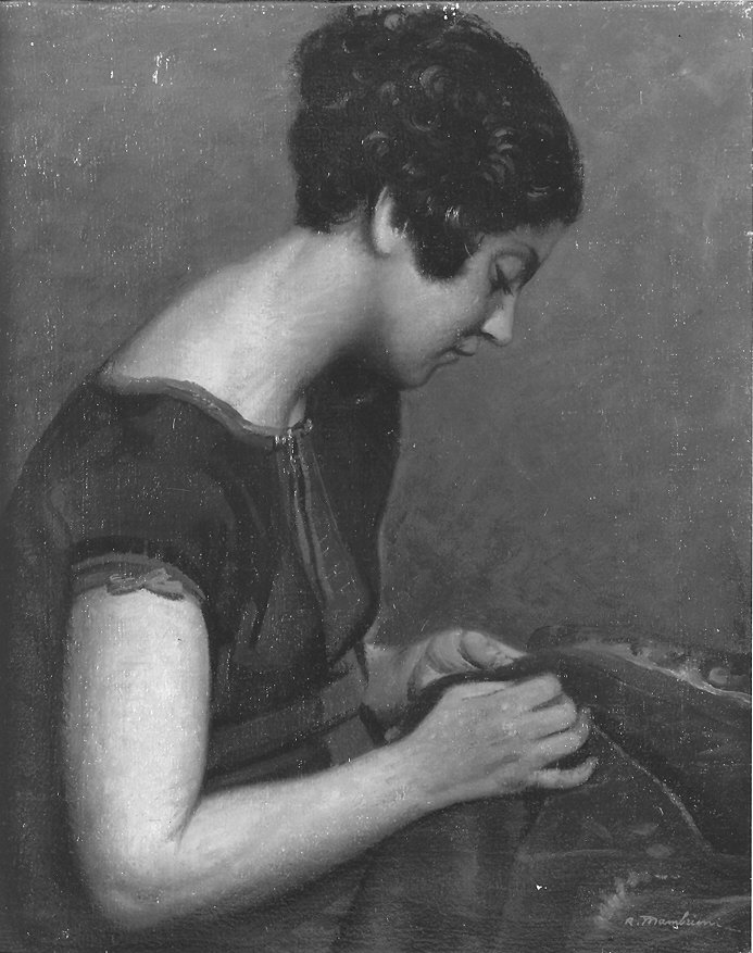 la cucitrice (dipinto) di Mambriani Angelo (prima metà sec. XX)