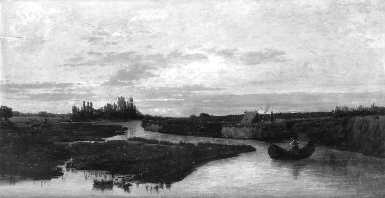 tramonto sul fiume (dipinto) di Carmignani Giulio (attribuito) (terzo quarto sec. XIX)