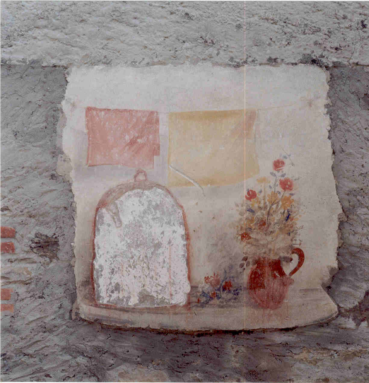 natura morta con panni stesi, brocca con fiori e gabbietta di uccellini (dipinto) di Madoi Walter (terzo quarto sec. XX)
