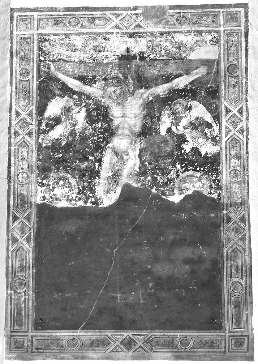 Crocifissione di Cristo con la Madonna e San Giovanni Evangelista (dipinto) - ambito emiliano (prima metà sec. XV)