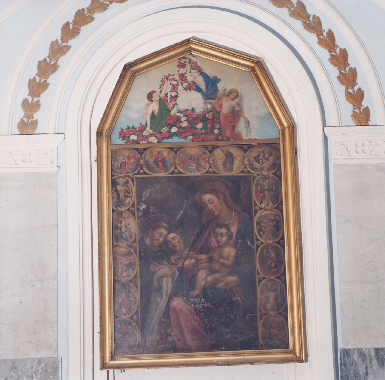 Madonna del Rosario, Madonna con Bambino, San Domenico e Santa Caterina da Siena e i Misteri del Rosario (dipinto) - ambito ligure (secondo quarto sec. XVII)