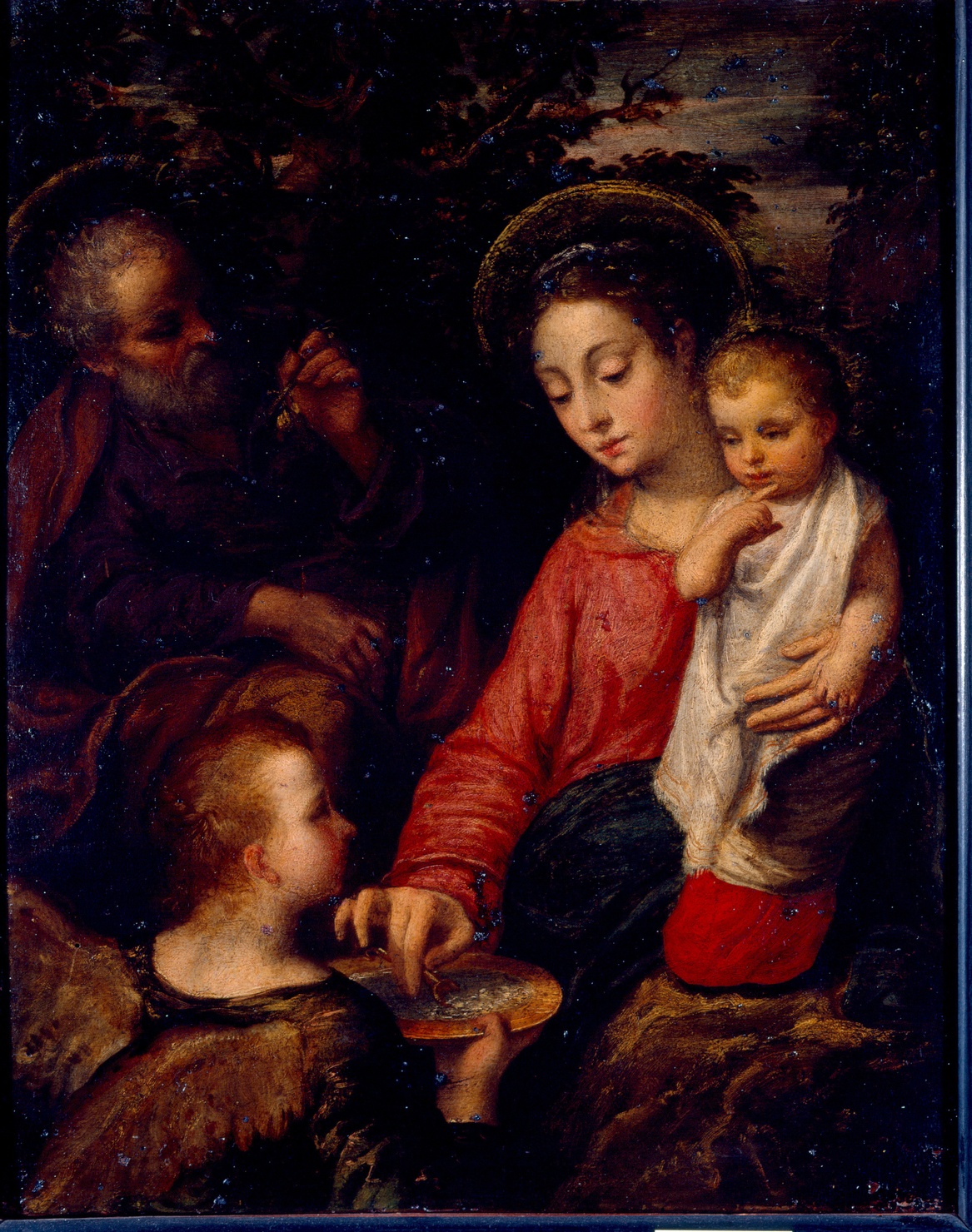 Madonna della pappa, Madonna con Bambino, San Giuseppe e un angelo (dipinto) di Scarsella Ippolito detto Scarsellino (ultimo quarto sec. XVI)