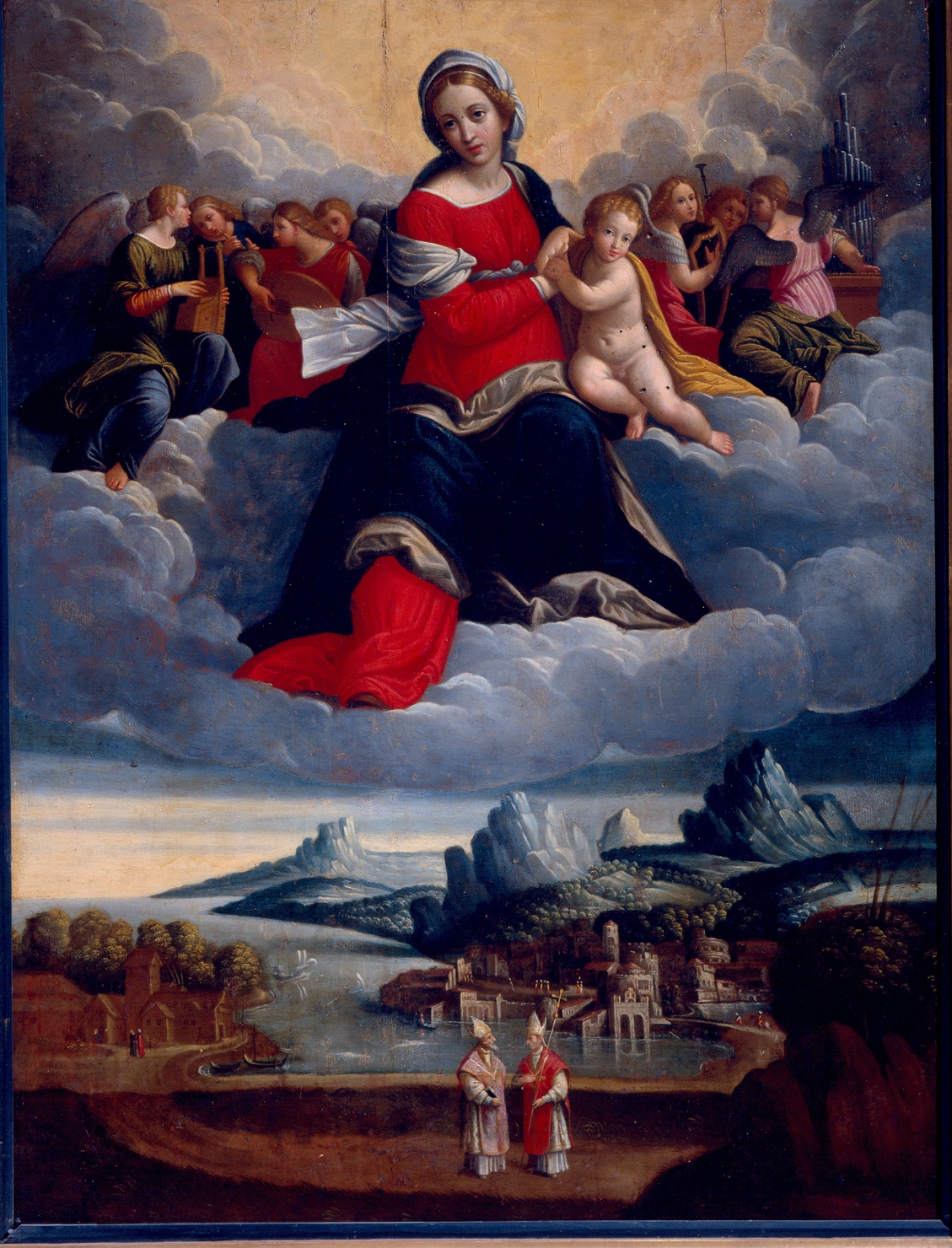 Madonna con Bambino in gloria e due santi vescovi (dipinto) - ambito ferrarese (?) (sec. XVI)