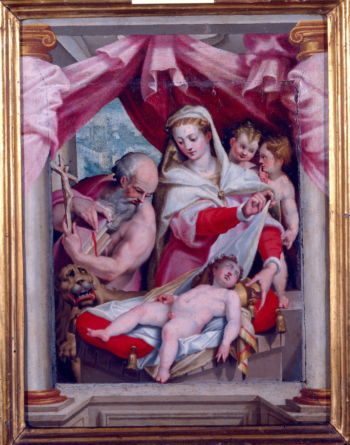 Madonna con Bambino e San Gerolamo (dipinto) di Samacchini Orazio (terzo quarto sec. XVI)