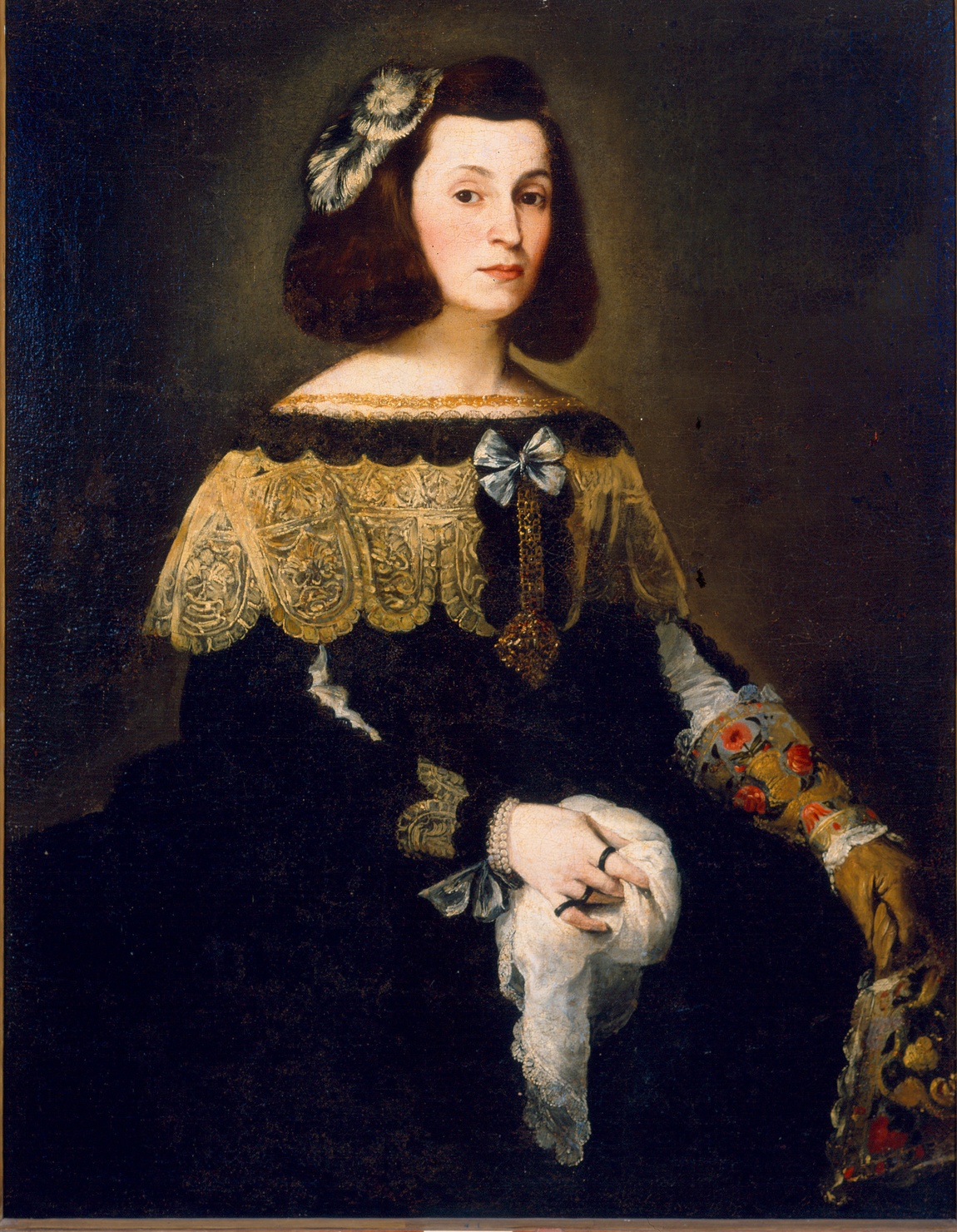 Ritratto di donna con fazzoletto e guanti (dipinto, pendant) - ambito spagnolo (secondo quarto sec. XVII)