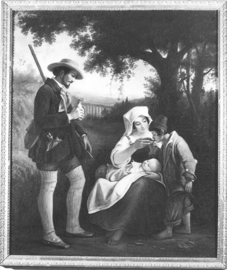 Cacciatore che disseta una donna con bambini (dipinto) di Scherer Giorgio (sec. XIX)