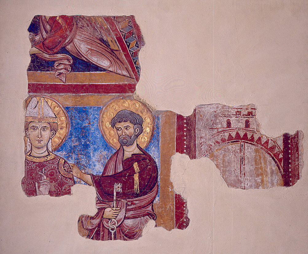San Pietro che benedice un diacono (dipinto, frammento) - ambito Italia settentrionale (primo quarto sec. XIII)