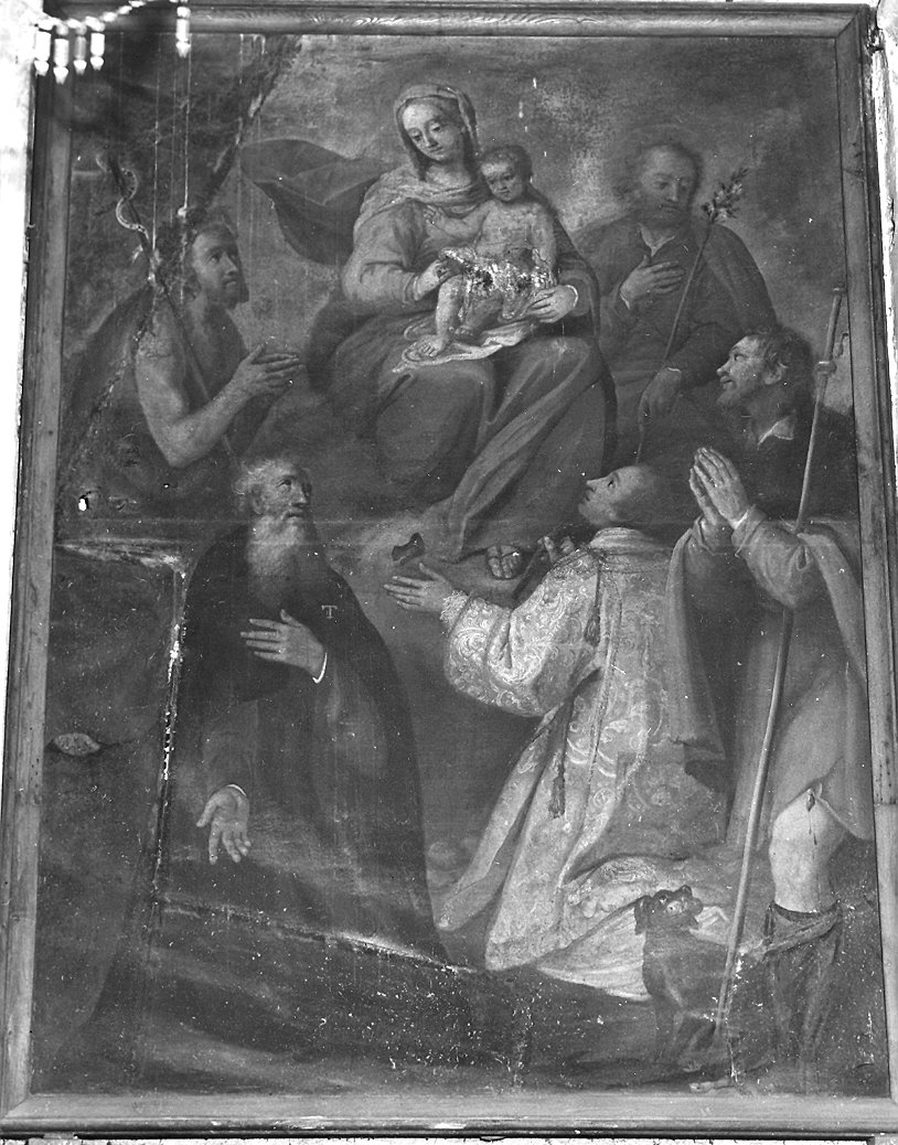 Madonna con Bambino e i Santi Giuseppe, Giovanni Battista, Antonio Abate, Vescovo martire e Rocco (dipinto) - ambito emiliano (metà sec. XVII)