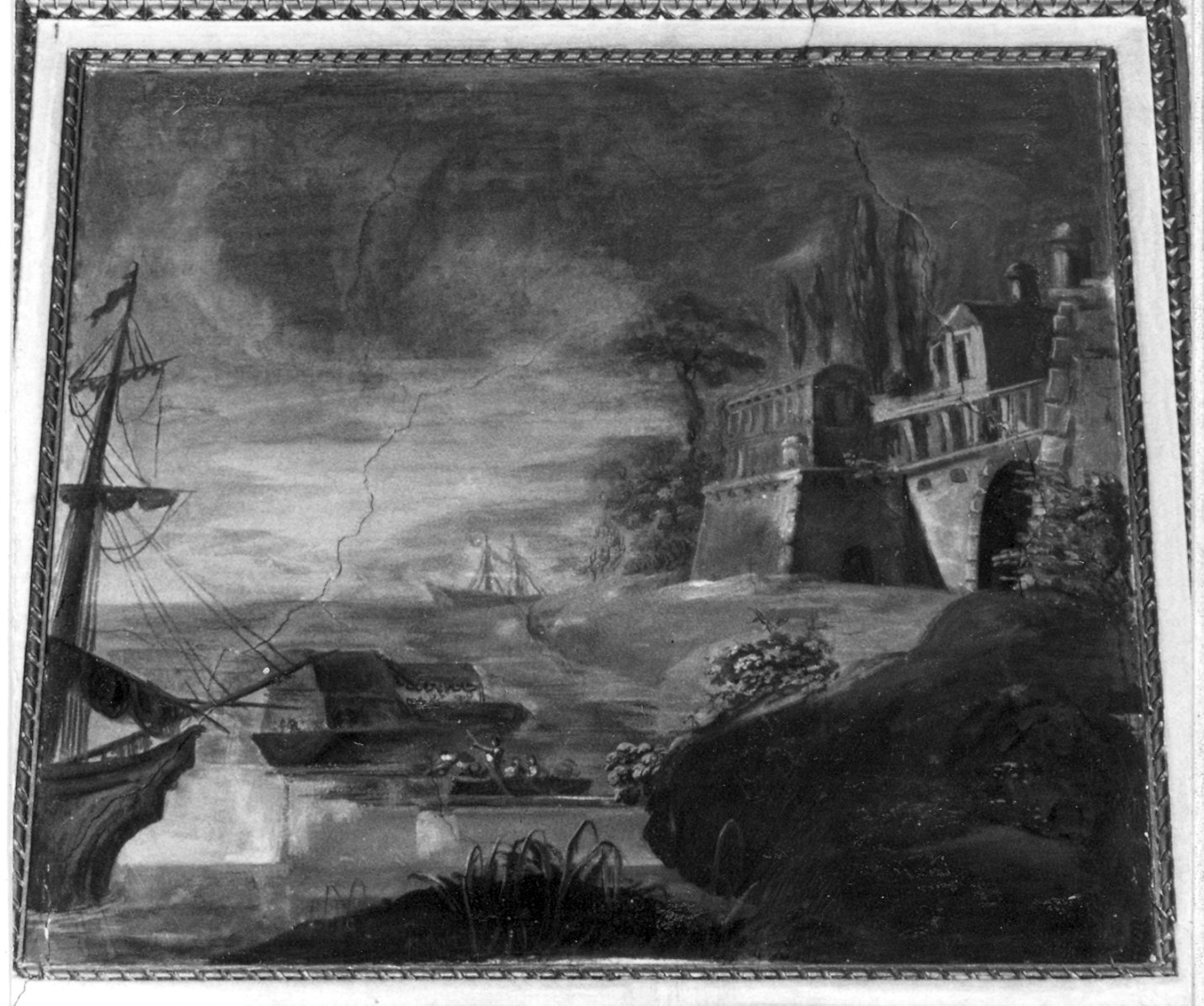 paesaggio marino con nave allo scalo (dipinto, ciclo) - ambito emiliano-lombardo (seconda metà sec. XVIII)