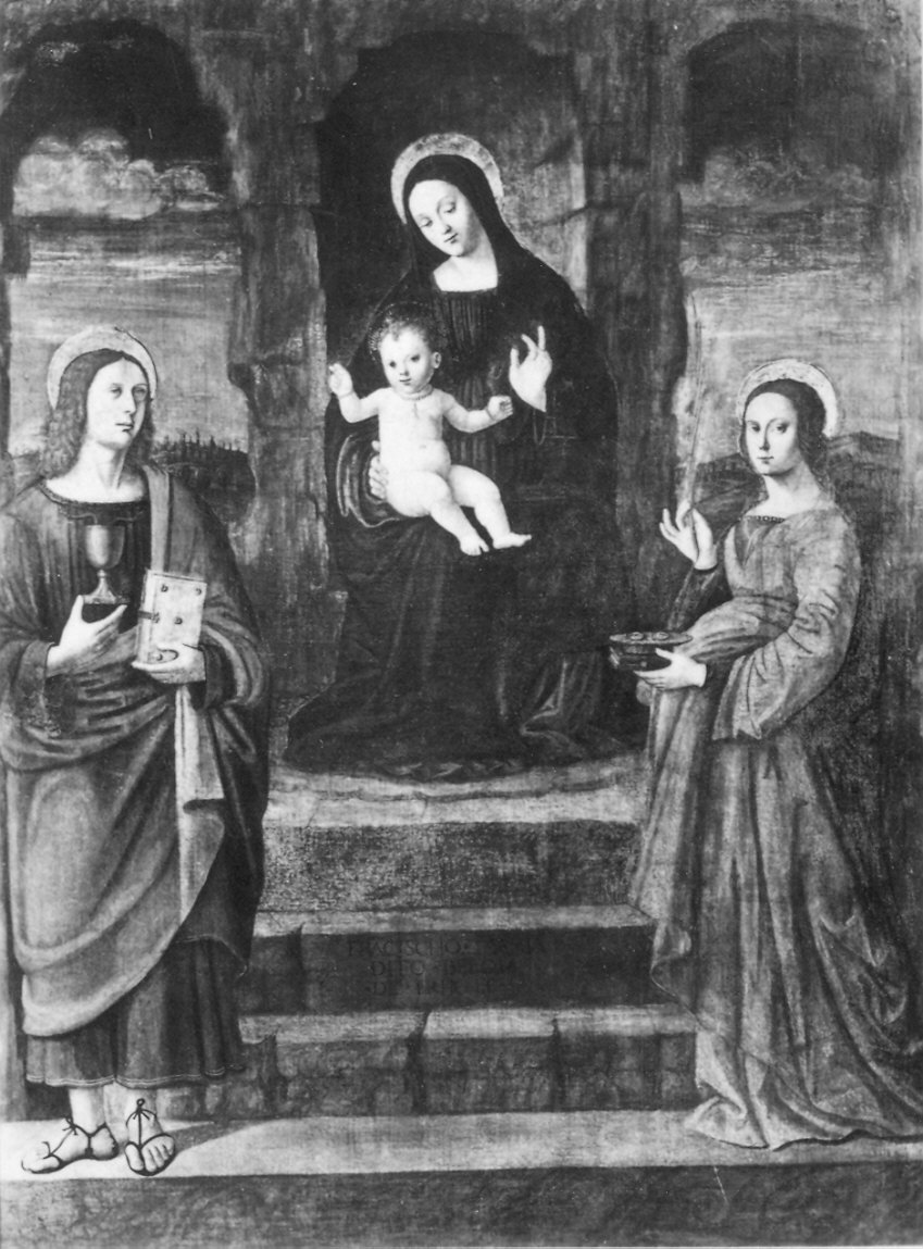 Madonna in trono con Bambino e i Santi Giovanni Evangelista e Lucia (dipinto) di Araldi Alessandro (fine/inizio secc. XV/ XVI)