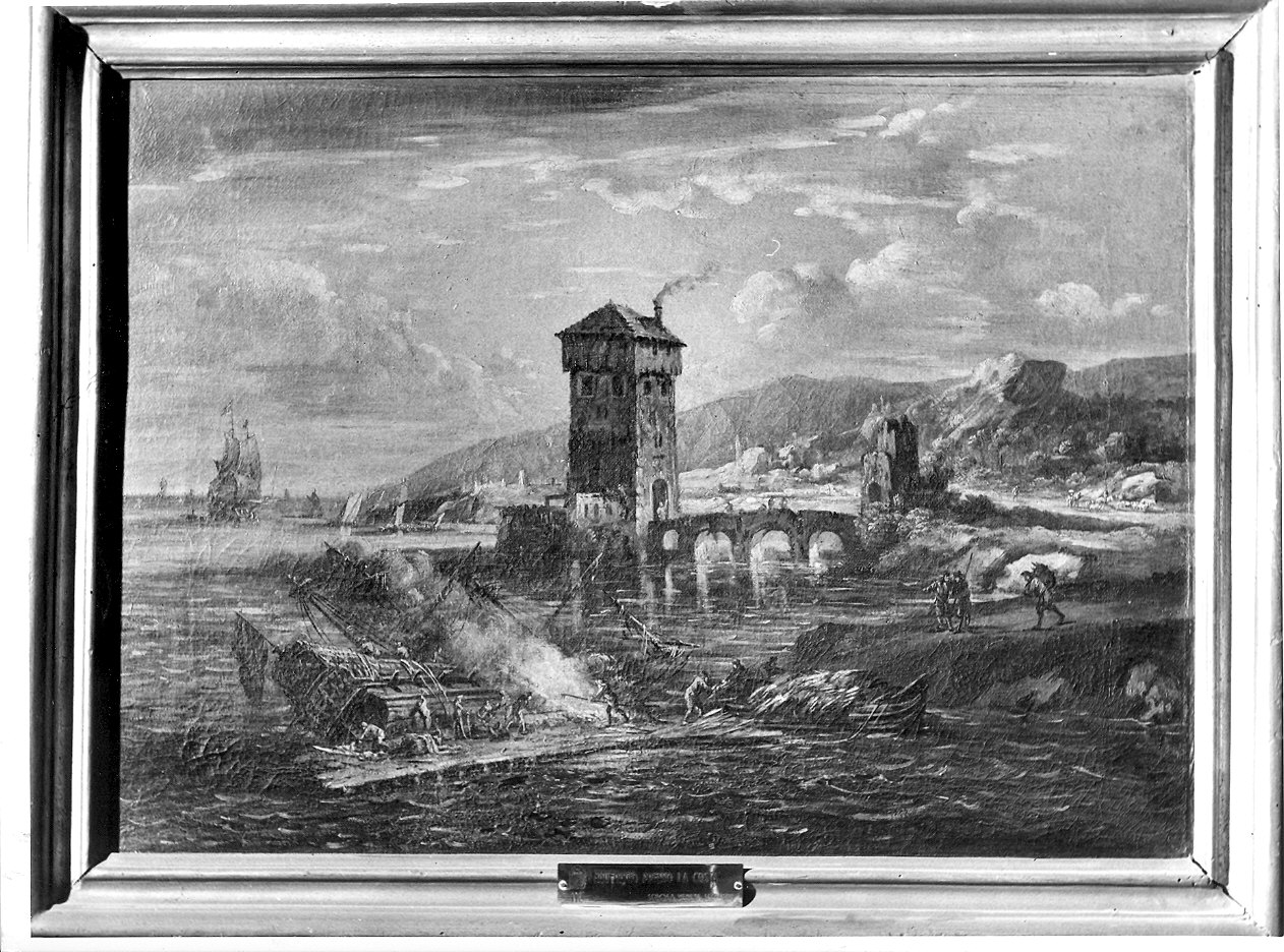 Paesaggio marino con nave allo scalo (dipinto) - ambito genovese (inizio sec. XVIII)