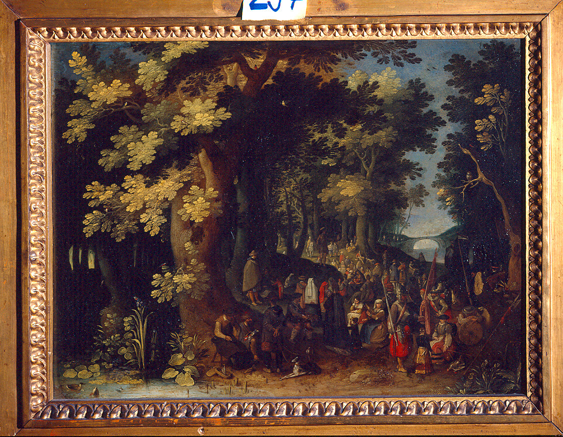 Paesaggio boscoso con la predica di san Giovanni Battista (dipinto) di Vrancx Sebastian (sec. XVII)