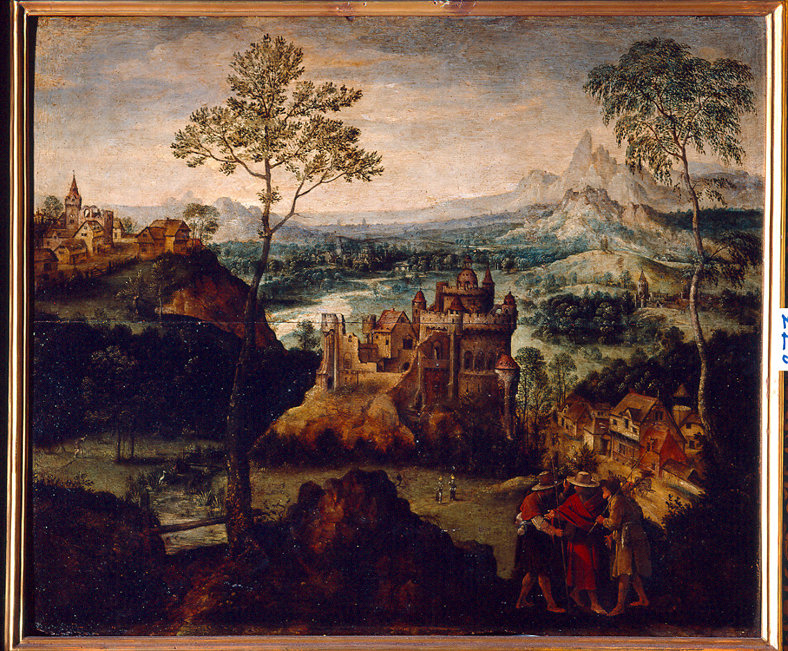 Vallata con boschi, castelli e i tre pellegrini in Emmaus (dipinto) di Gassel Lucas (sec. XVI)