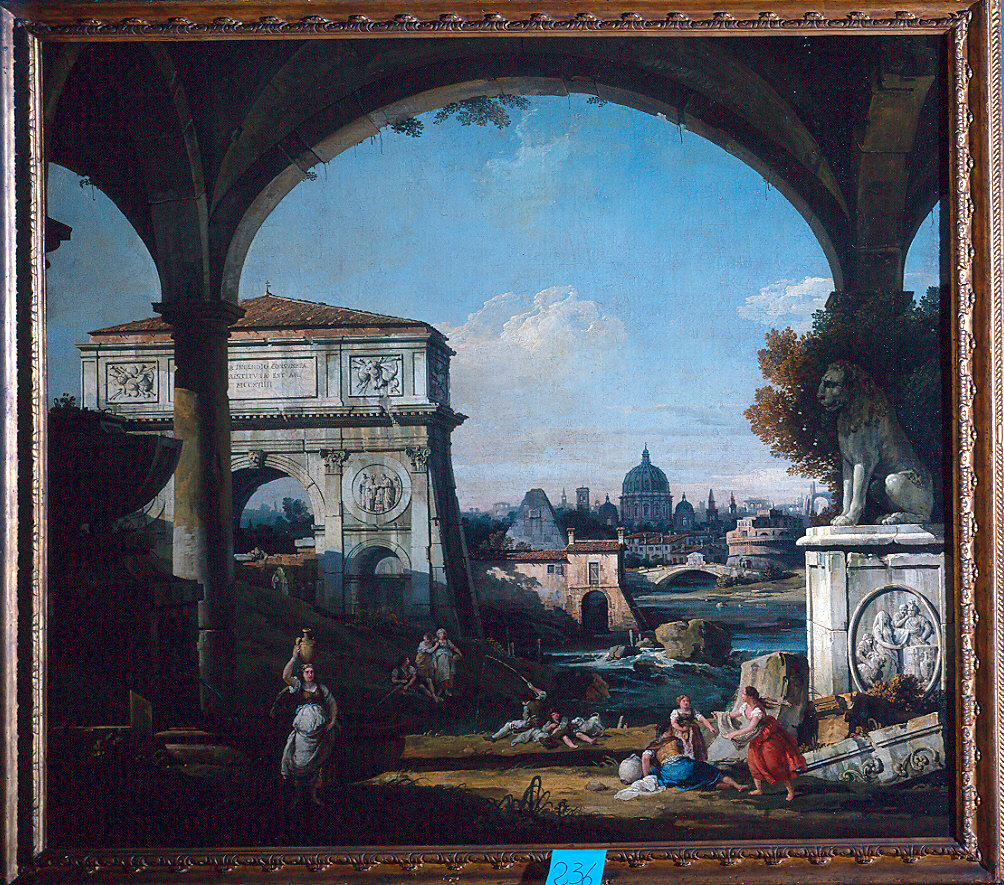 Capriccio romano con arco trionfale (dipinto, coppia) di Bellotto Bernardo, Zuccarelli Francesco (sec. XVIII)